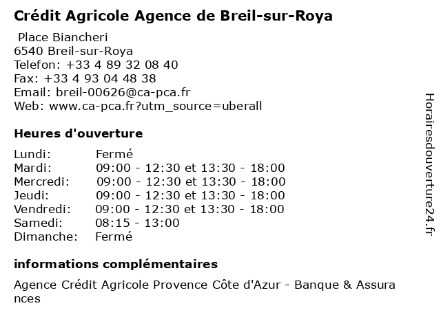 Horaires d ouverture Cr dit Agricole Agence de Breil sur Roya